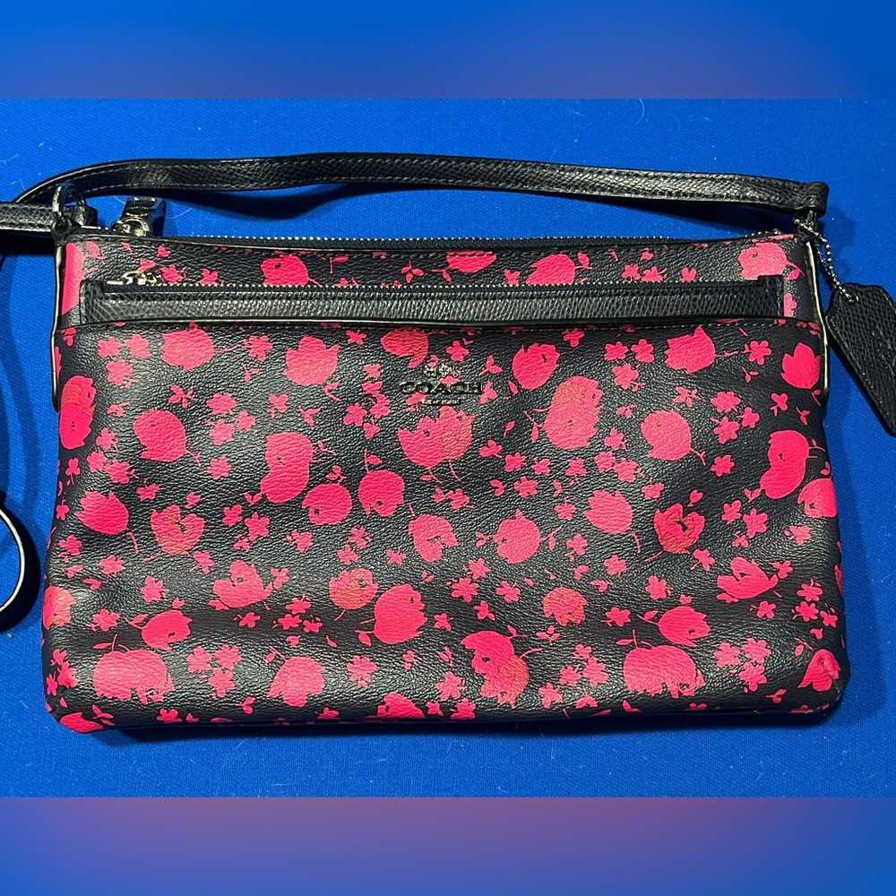 Hot pink and Navy flower Coach crossbody purse with pouch